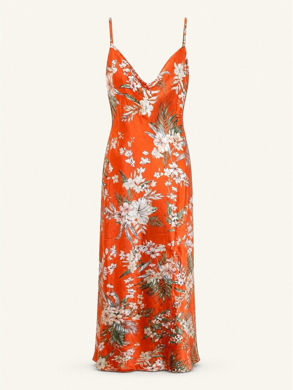 Paper Heart Orange Tropical Floral Satin Cowl Neck Maxi Dress Size L